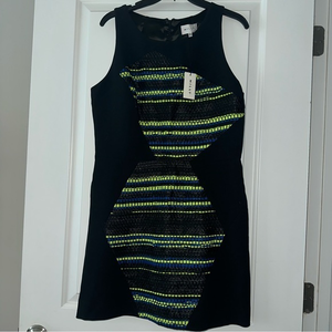 Milly‎ Black Chartreuse and Royal-Blue Metallic Tweed Striped Sheath Dress, 12